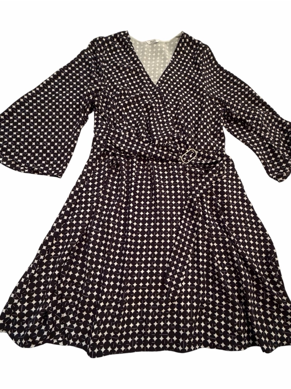PENN black and white geometric print mock-wrap dress-Size 1X-Adjustable belt - Picture 2 of 10